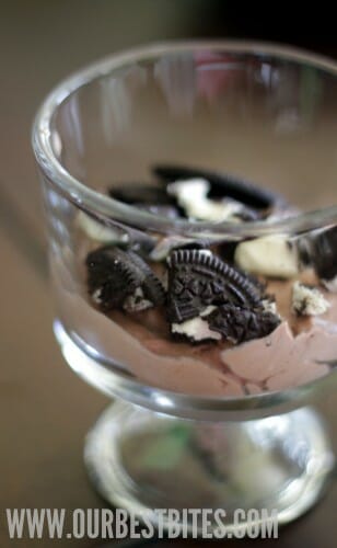 chopped oreos on chocolate pudding