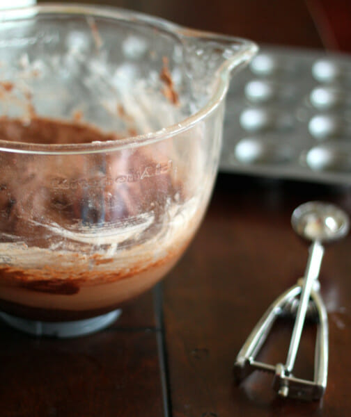 batter, cookie scoop, mini muffin tin